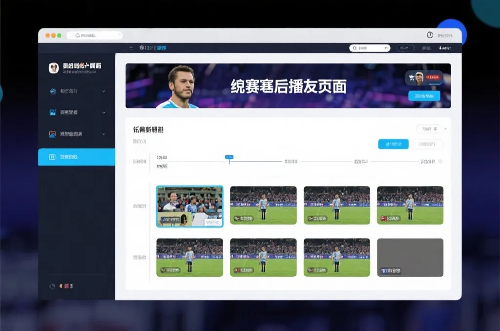 比赛结束后，电视屏幕展示集锦回放页面，旁边有时间轴和多角度切换提示